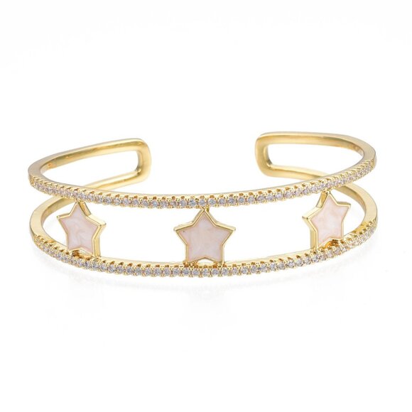 Enamel Star Open Cuff Bangle with Pave CZ Edge, Real 18K Gold Plated  NWOT - Picture 1 of 3